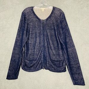 Eileen Fisher Sweater Womens Large Blue Organic Linen Blend Full Zip Cardigan